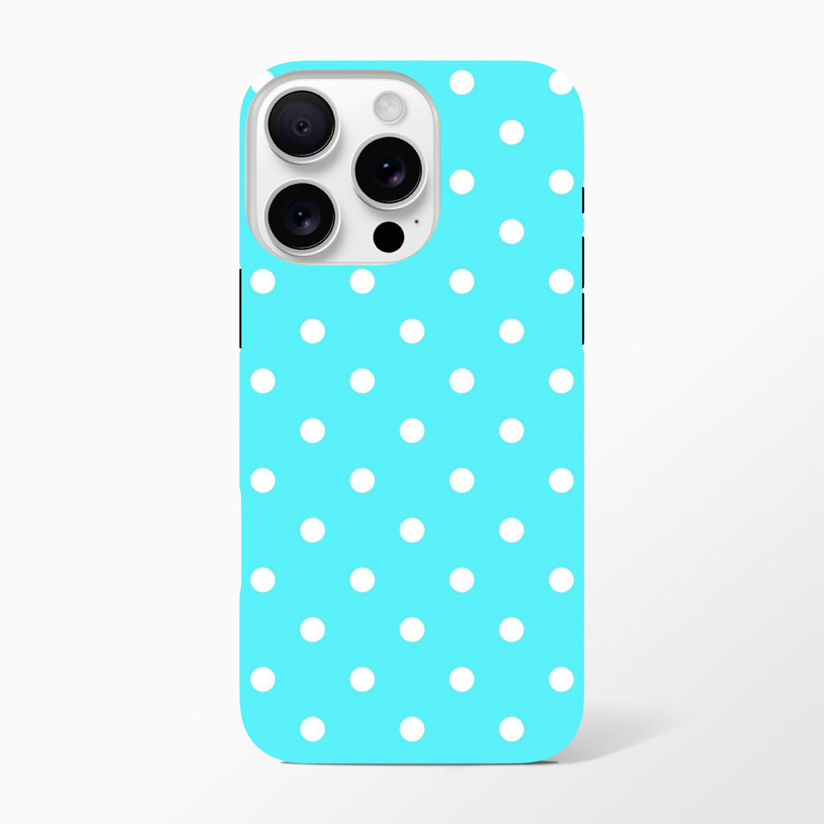 Turquoise and white polka dot tough iPhone case with glossy finish and drop protection for iPhone 13-16.
