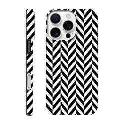 Black and white herringbone tough iPhone case with geometric chevron pattern, featuring shock-absorbing TPU and precise cutouts for iPhone 13-16.