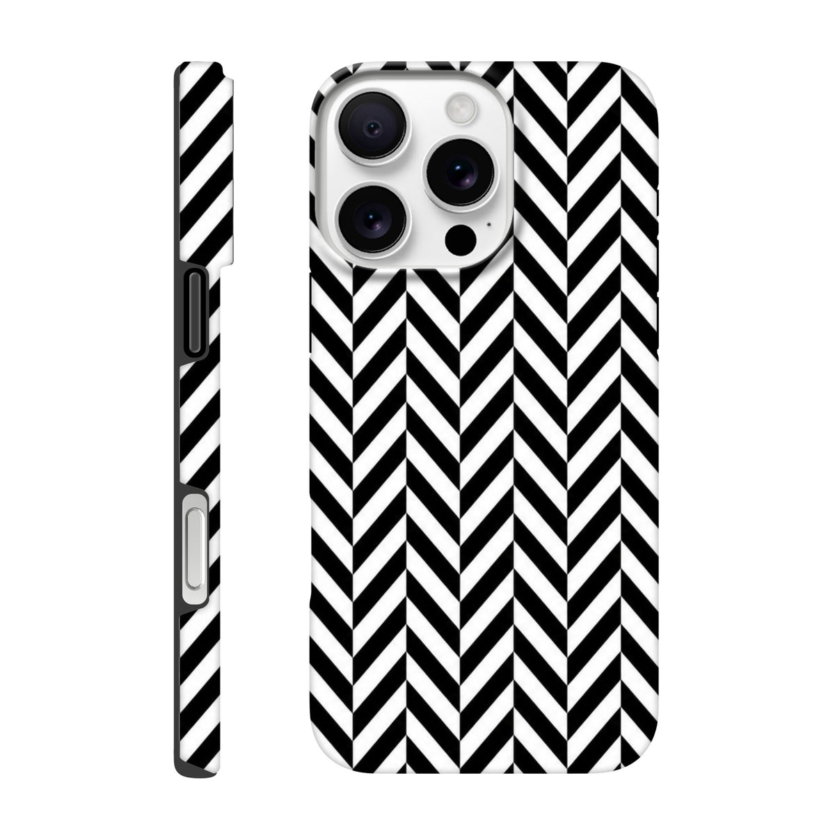 Black and white herringbone tough iPhone case with geometric chevron pattern, featuring shock-absorbing TPU and precise cutouts for iPhone 13-16.
