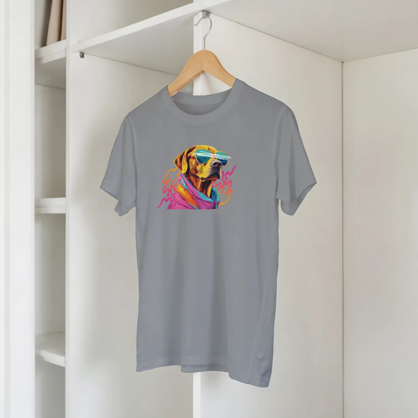 Gray men's graphic tee with a colorful dog wearing sunglasses on the chest.