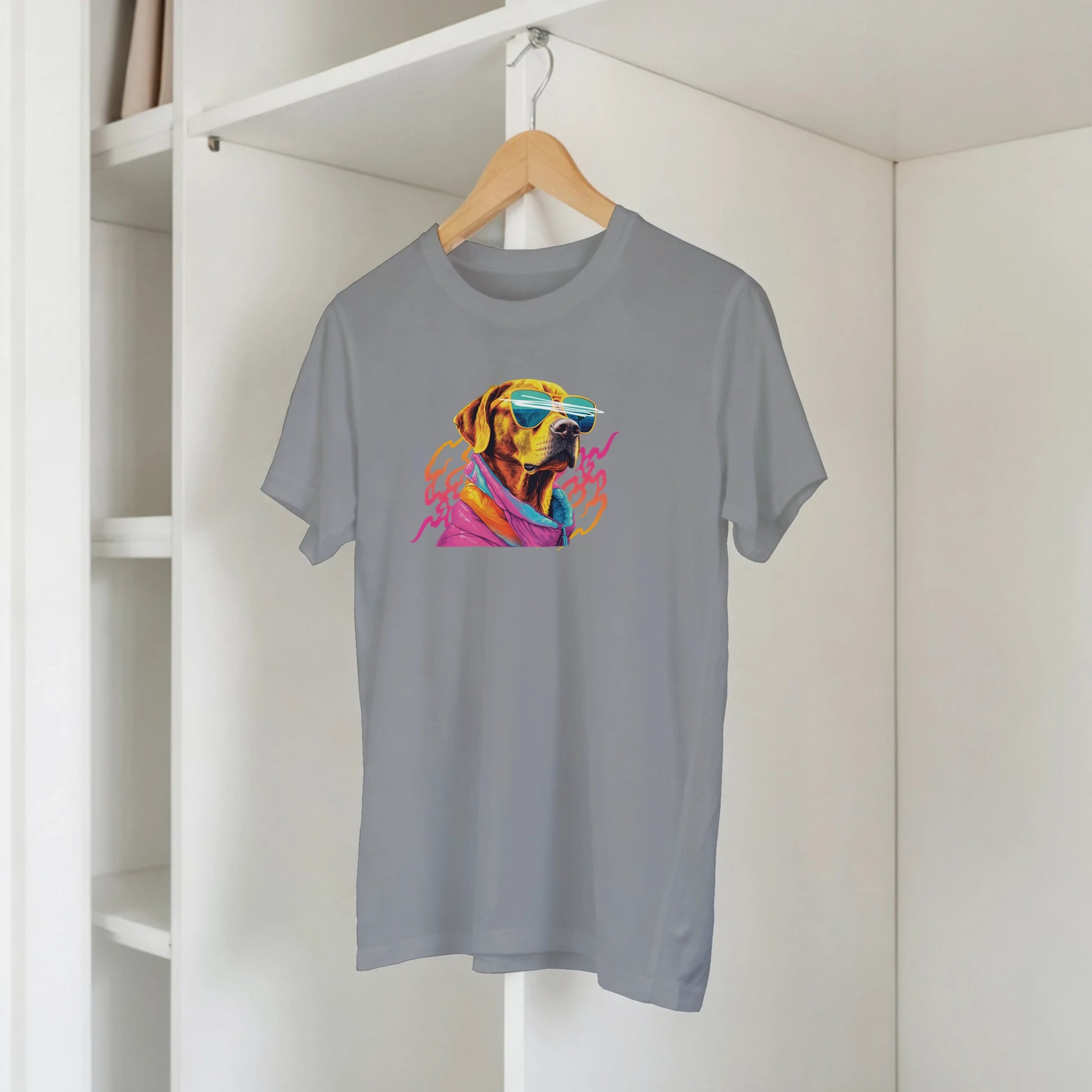 Gray men's graphic tee with a colorful dog wearing sunglasses on the chest.