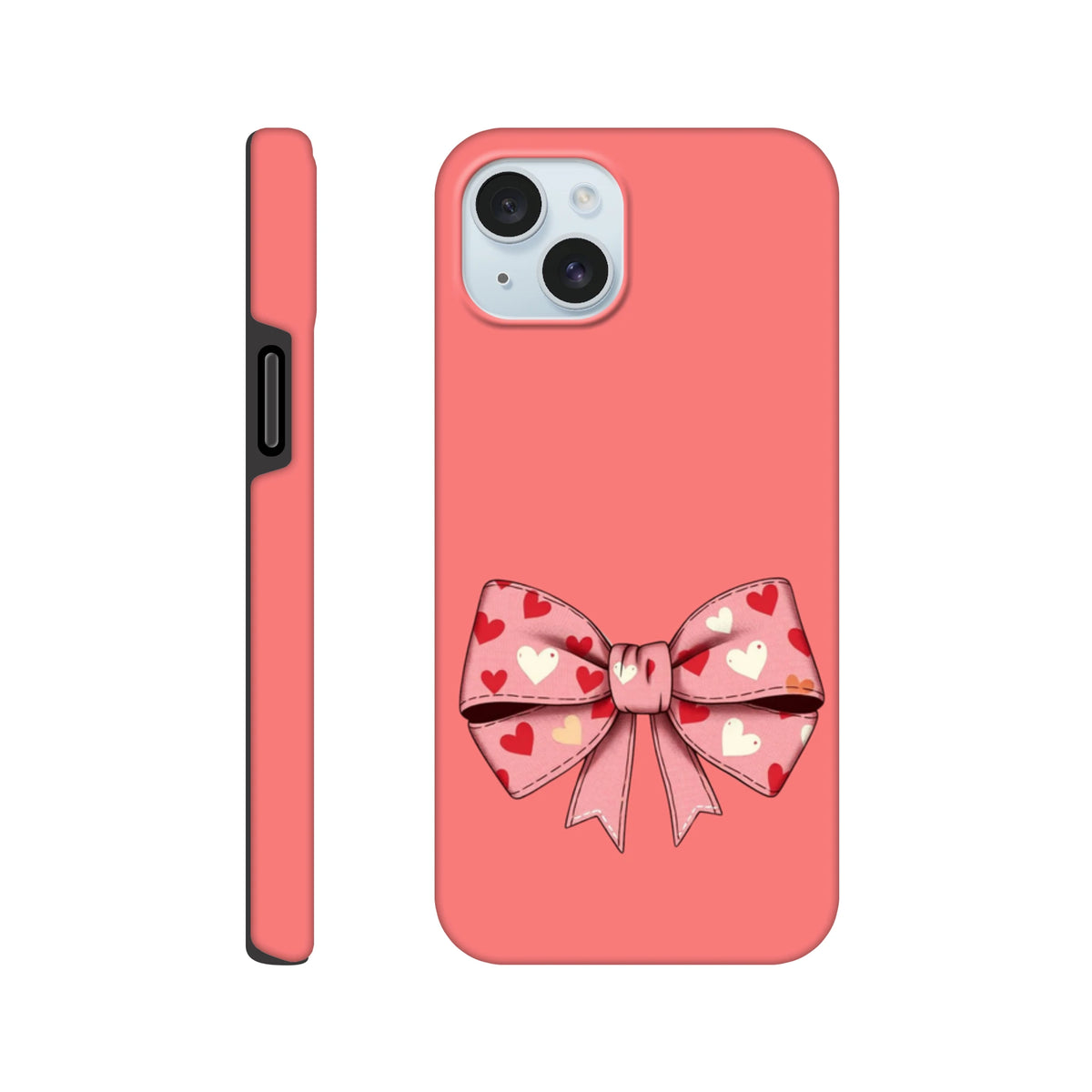 Pink tough iPhone case featuring a large heart-patterned bow design. Cute coquette style phone cover for bold aesthetics.