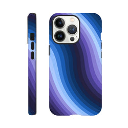 Blue retro wave iPhone case featuring Y2K wavy stripes, tough impact-resistant guards, and wireless charging compatibility for iPhone 13-16.