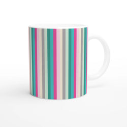 Pastel rainbow-striped ceramic mug with a white handle, perfect for coffee or tea.