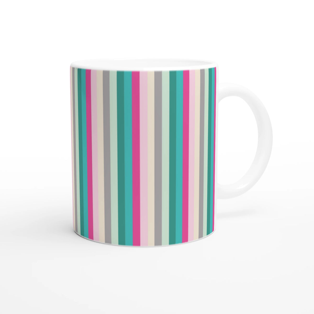 Pastel rainbow-striped ceramic mug with a white handle, perfect for coffee or tea.