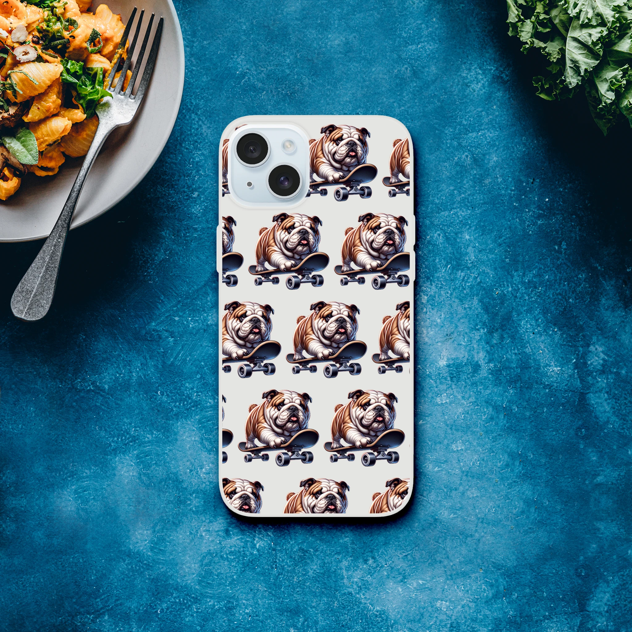 Slim transparent iPhone case with a repeating bulldog on skateboard pattern.