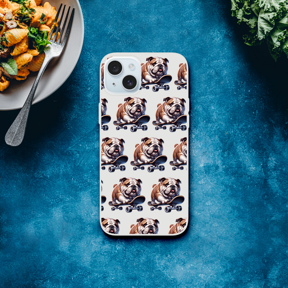 Slim transparent iPhone case with a repeating bulldog on skateboard pattern.