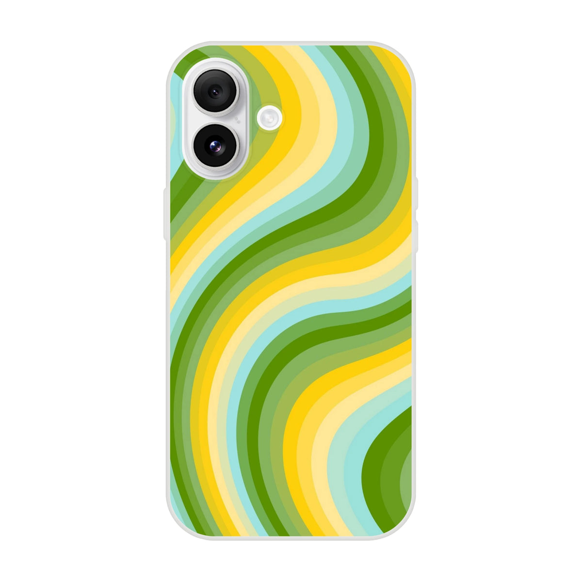 Retro green-yellow groovy Y2K swirl iPhone case (13-16) with matte finish and lightweight, shock-absorbing protection