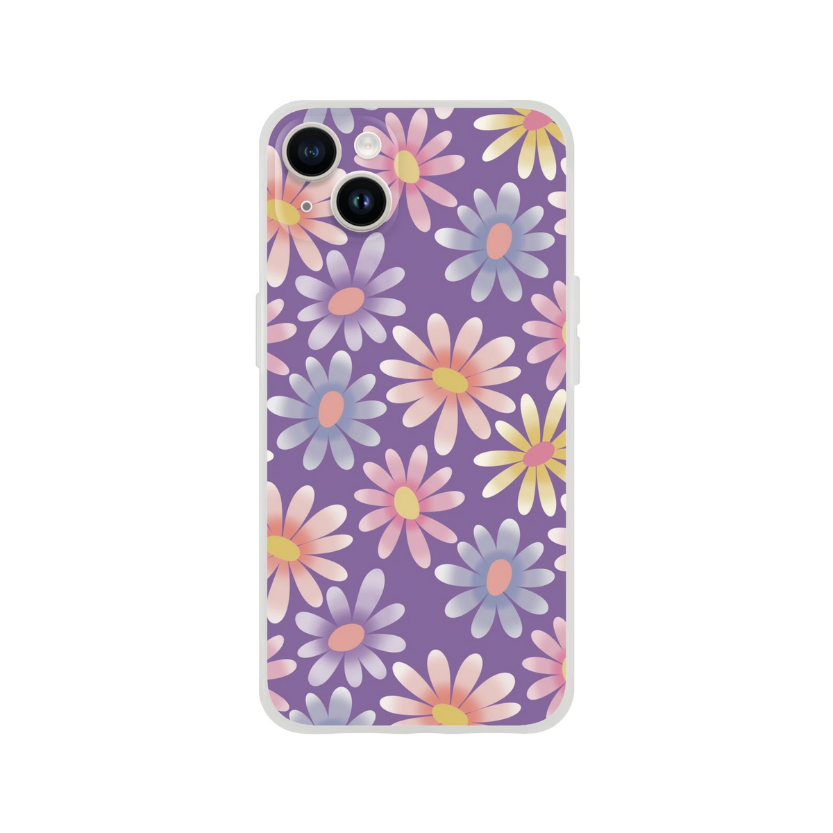 Retro pastel daisy iPhone case for 13-16 with purple background and pastel flowers