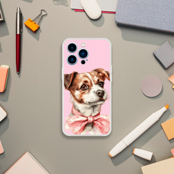 Cute dog portrait iPhone case for 13–16, retro aesthetic, slim matte TPU cover.
