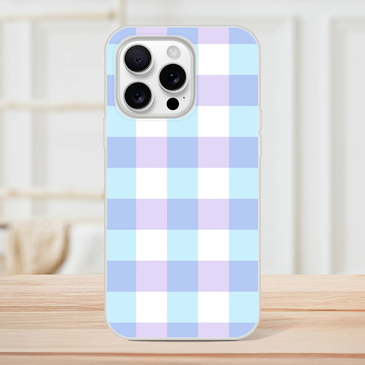 Blue gingham pastel checkered iPhone case for 13–16, slim flexible shell with vibrant printed design.
