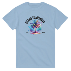 Light-blue women’s T-shirt with a colorful palm-tree graphic and Urban Palm Trees text.