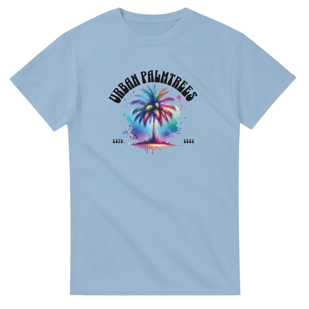 Light-blue women’s T-shirt with a colorful palm-tree graphic and Urban Palm Trees text.