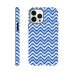 Retro blue and white chevron iPhone case with shock-absorbing TPU and glossy wraparound zigzag print for daily impact resistance.