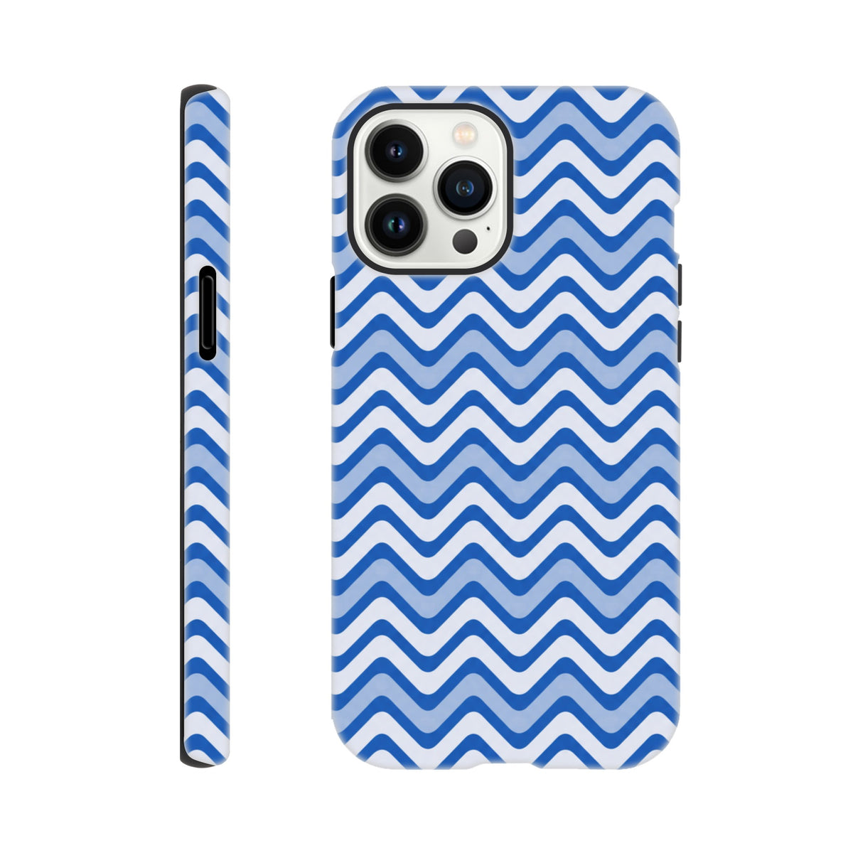 Retro blue and white chevron iPhone case with shock-absorbing TPU and glossy wraparound zigzag print for daily impact resistance.