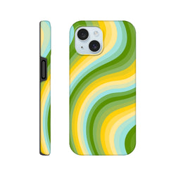 Green and yellow retro wave iPhone case with Y2K wraparound stripes for a tough, streetwear-inspired phone cover.