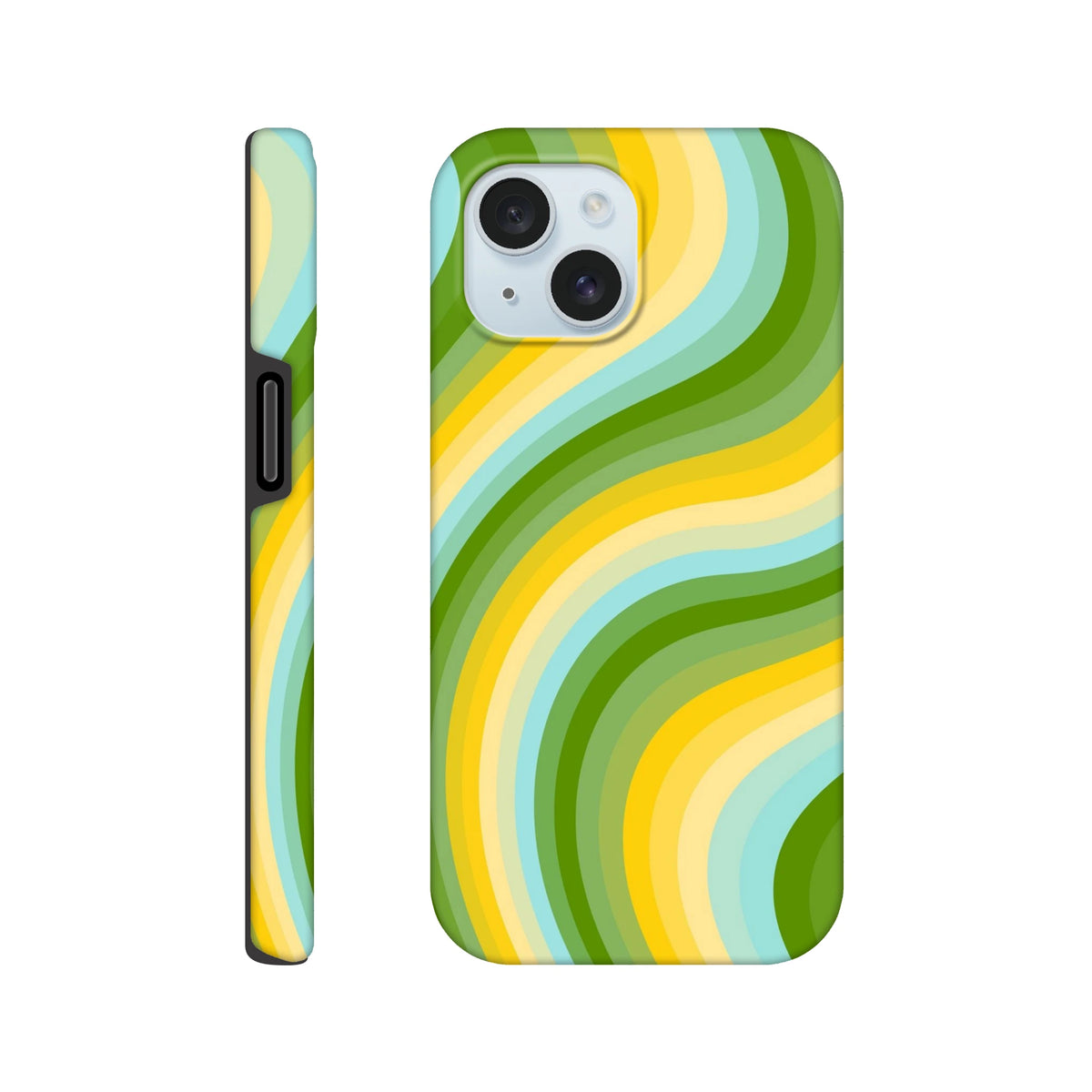 Green and yellow retro wave iPhone case with Y2K wraparound stripes for a tough, streetwear-inspired phone cover.