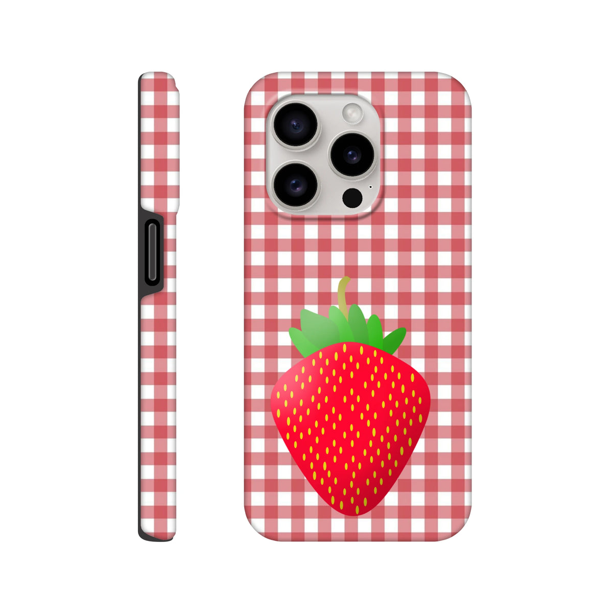 Red gingham iPhone case featuring a large central strawberry graphic. Tough checkered phone cover for drop protection.