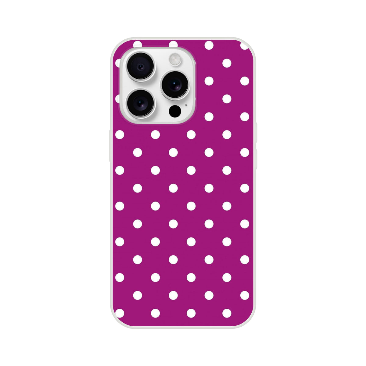 Retro purple and white polka dot iPhone case with matte finish. Shock-absorbing TPU shell designed for iPhone 13-16 models.