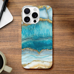 Teal and gold blue agate marble iPhone case with protective tough edge for models 13-16.