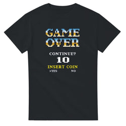 Black retro gamer t-shirt with pixel GAME OVER graphic and CONTINUE? 10 INSERT COIN YES NO.