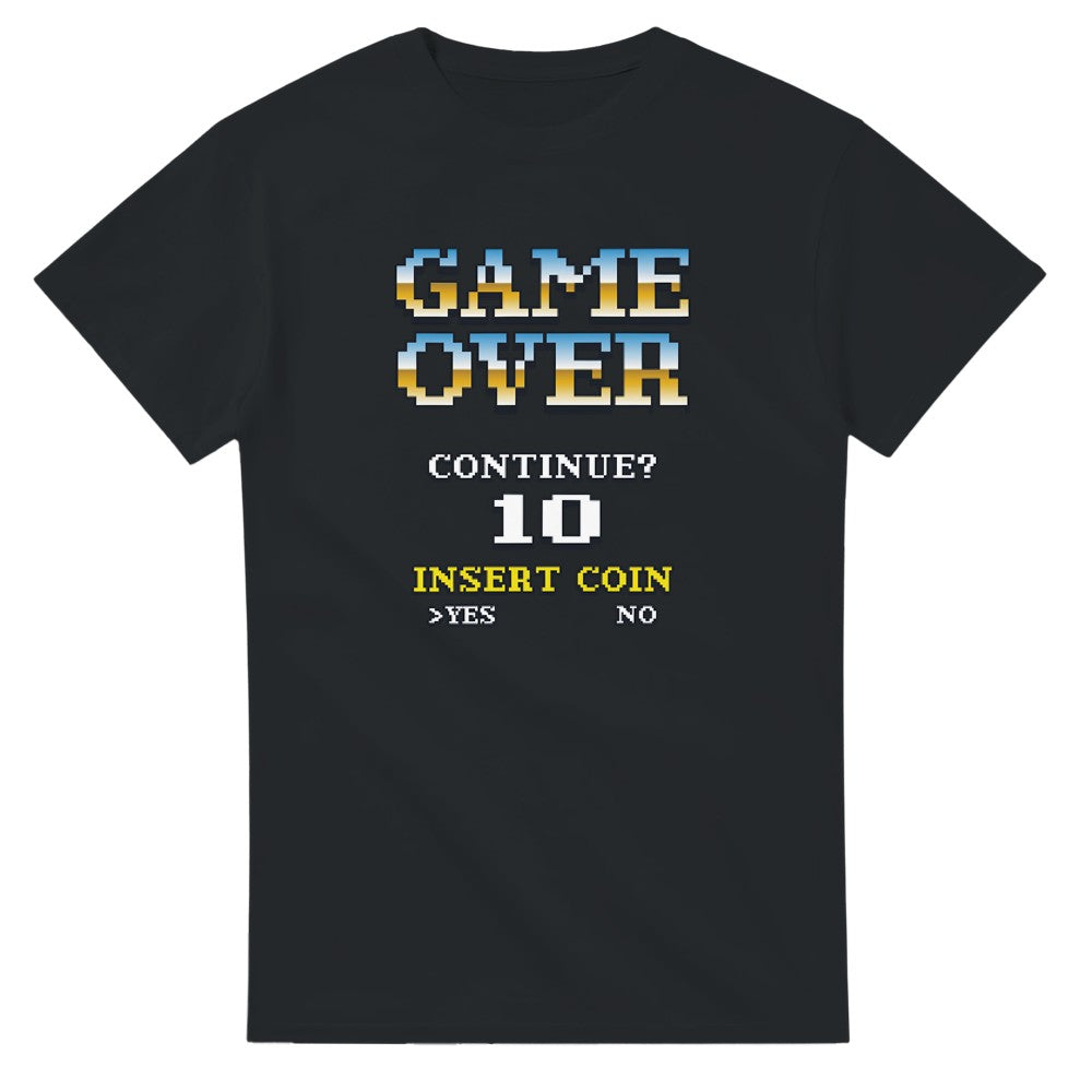 Black retro gamer t-shirt with pixel GAME OVER graphic and CONTINUE? 10 INSERT COIN YES NO.