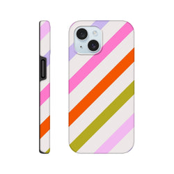 Retro colourful diagonal stripe tough iPhone case featuring pink, orange, and green stripes for drop protection.