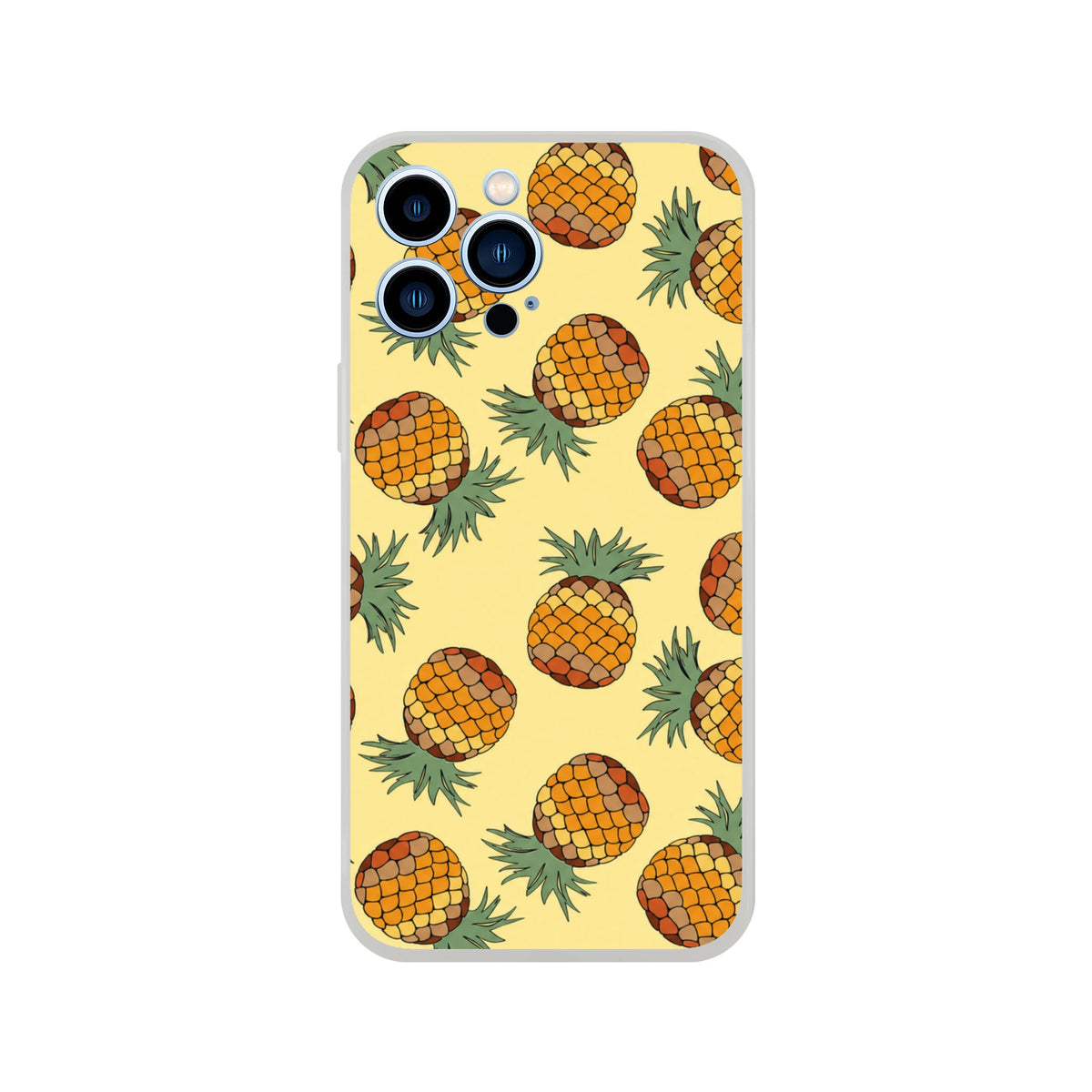 Cute Pineapple Pattern iPhone Case (13-16) Tropical Fruit Phone Cover with vibrant pineapple print on yellow background.