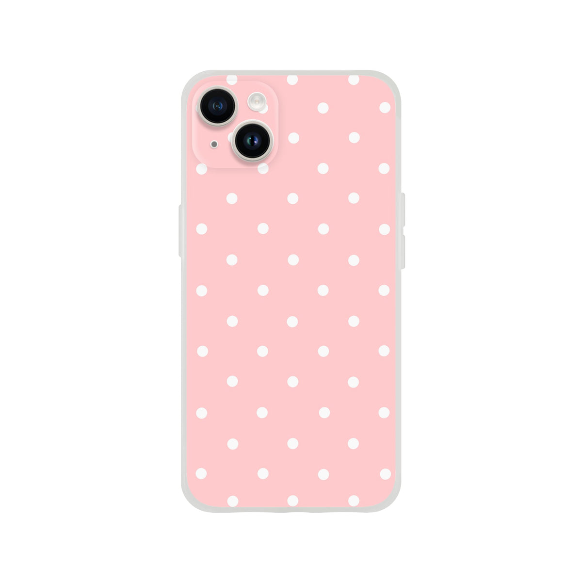 Pastel pink and white polka dot retro iPhone case with matte finish and shock-absorbing TPU protection for models 13-16.