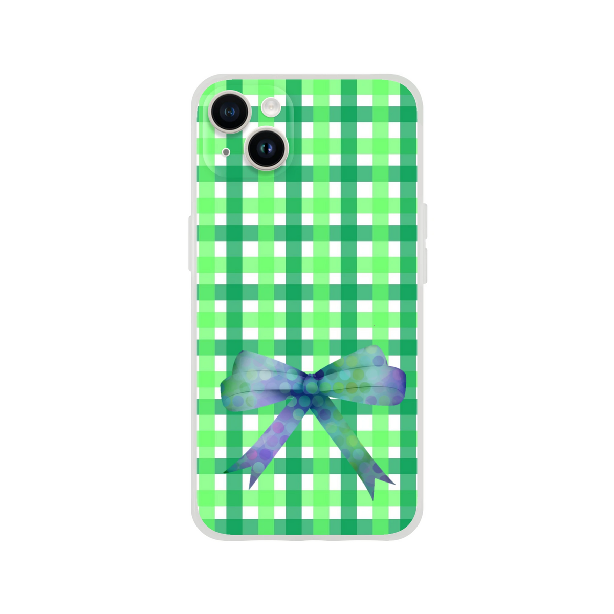 Green gingham bow iPhone case for 13-16 with transparent frosty TPU and a printed polka-dotted bow