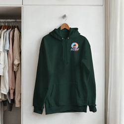 Dark green men's hoodie featuring a colorful "Full Send" palm tree graphic, a classic front pocket, and drawstrings for casual streetwear style.