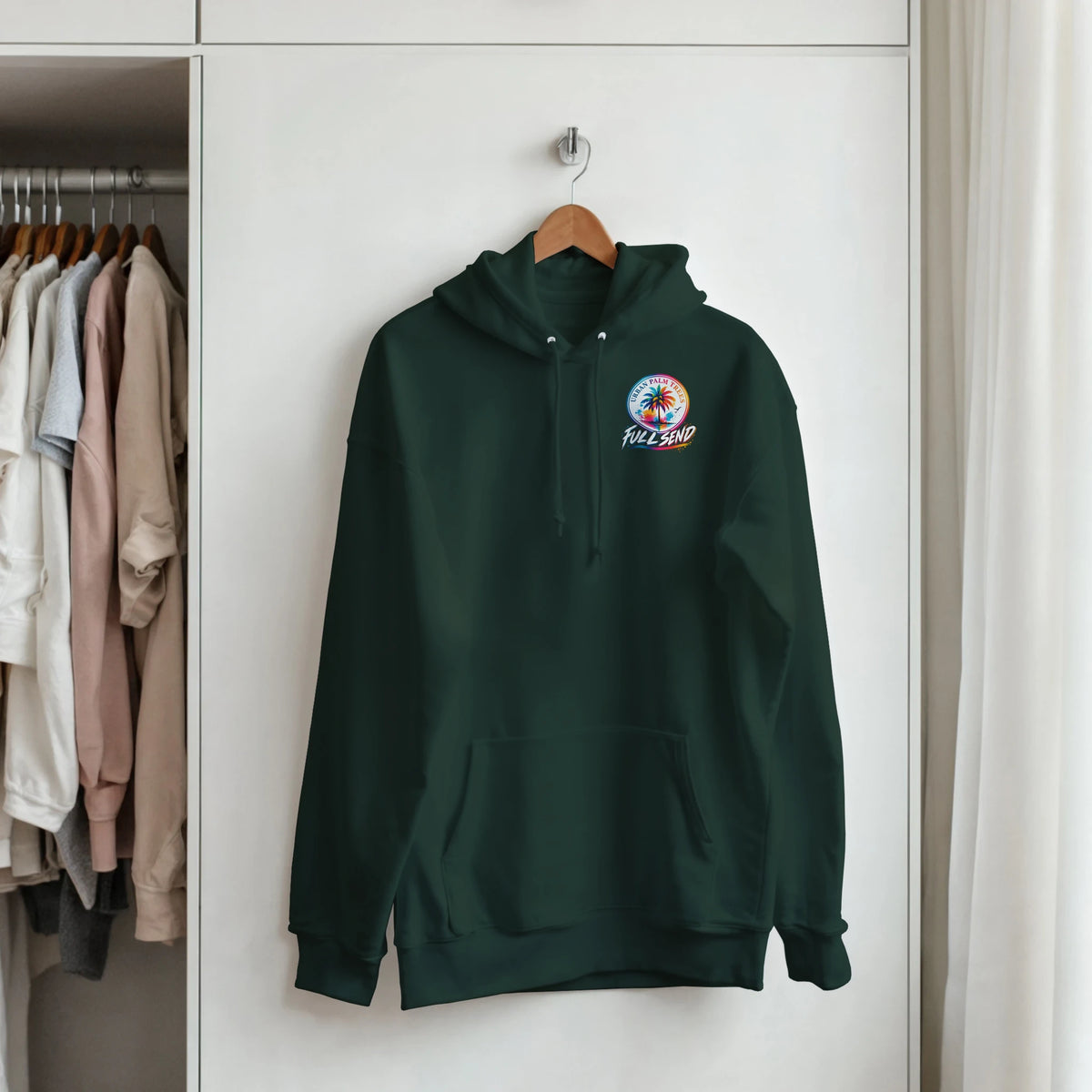 Dark green men's hoodie featuring a colorful "Full Send" palm tree graphic, a classic front pocket, and drawstrings for casual streetwear style.