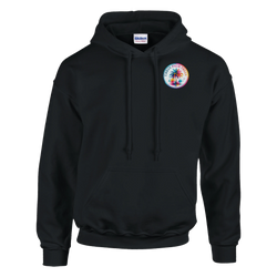 Black hoodie with colorful retro palm tree chest logo and front pouch pocket, offering a festive tropical vibe.