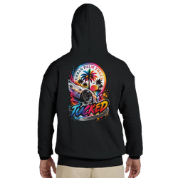Black men's hoodie featuring colorful "Tucked" car culture graphic with lowered vehicle and Urban Palm Trees sunset design.