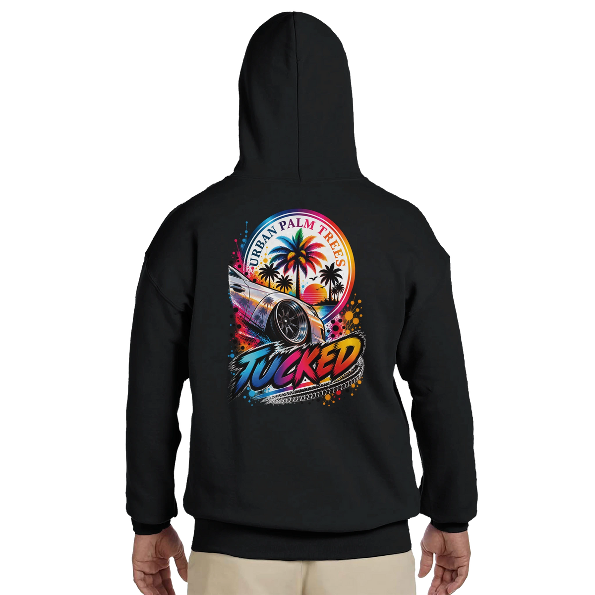 Black men's hoodie featuring colorful "Tucked" car culture graphic with lowered vehicle and Urban Palm Trees sunset design.