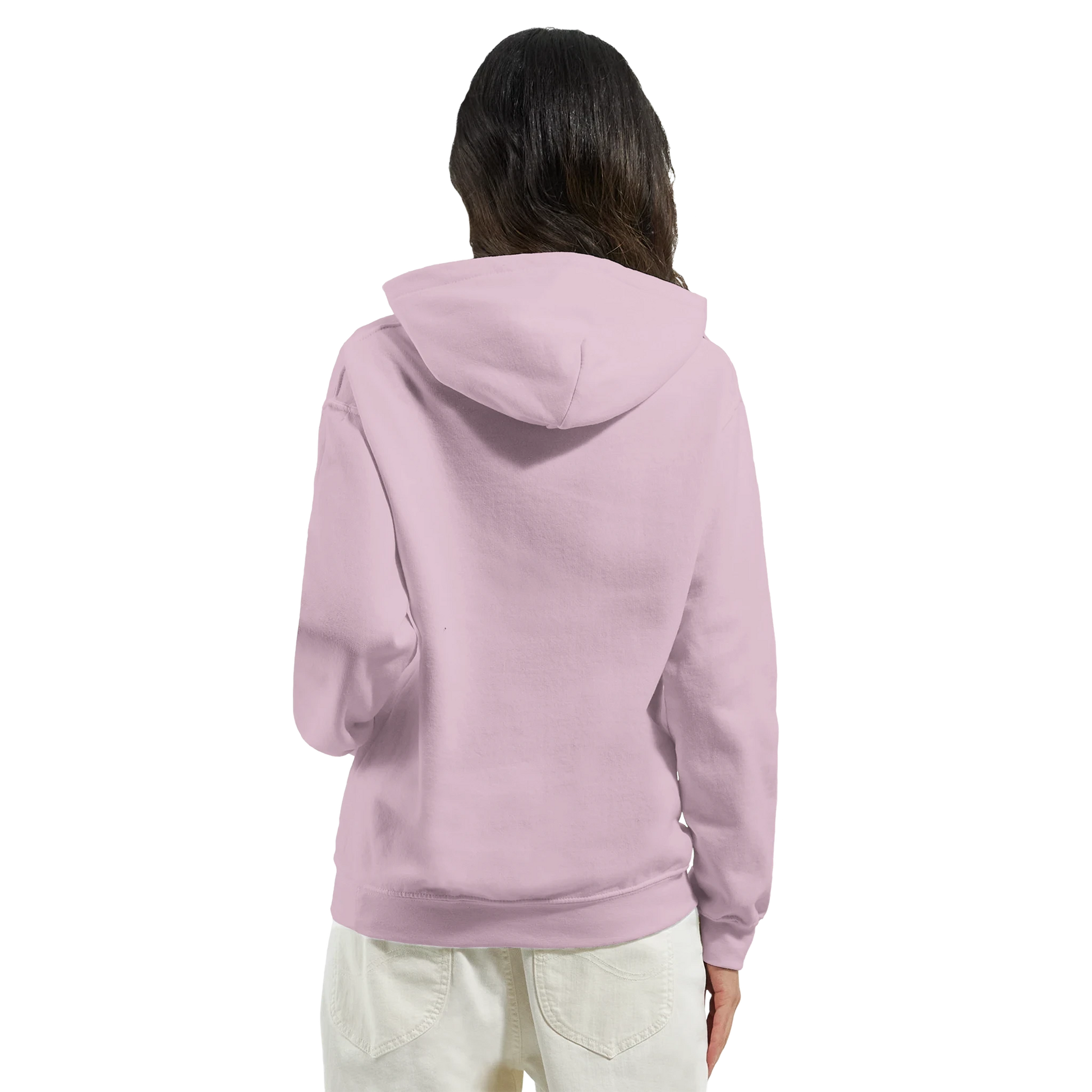 Back view of a woman wearing a pink cotton-blend hoodie with hood up and white pants.