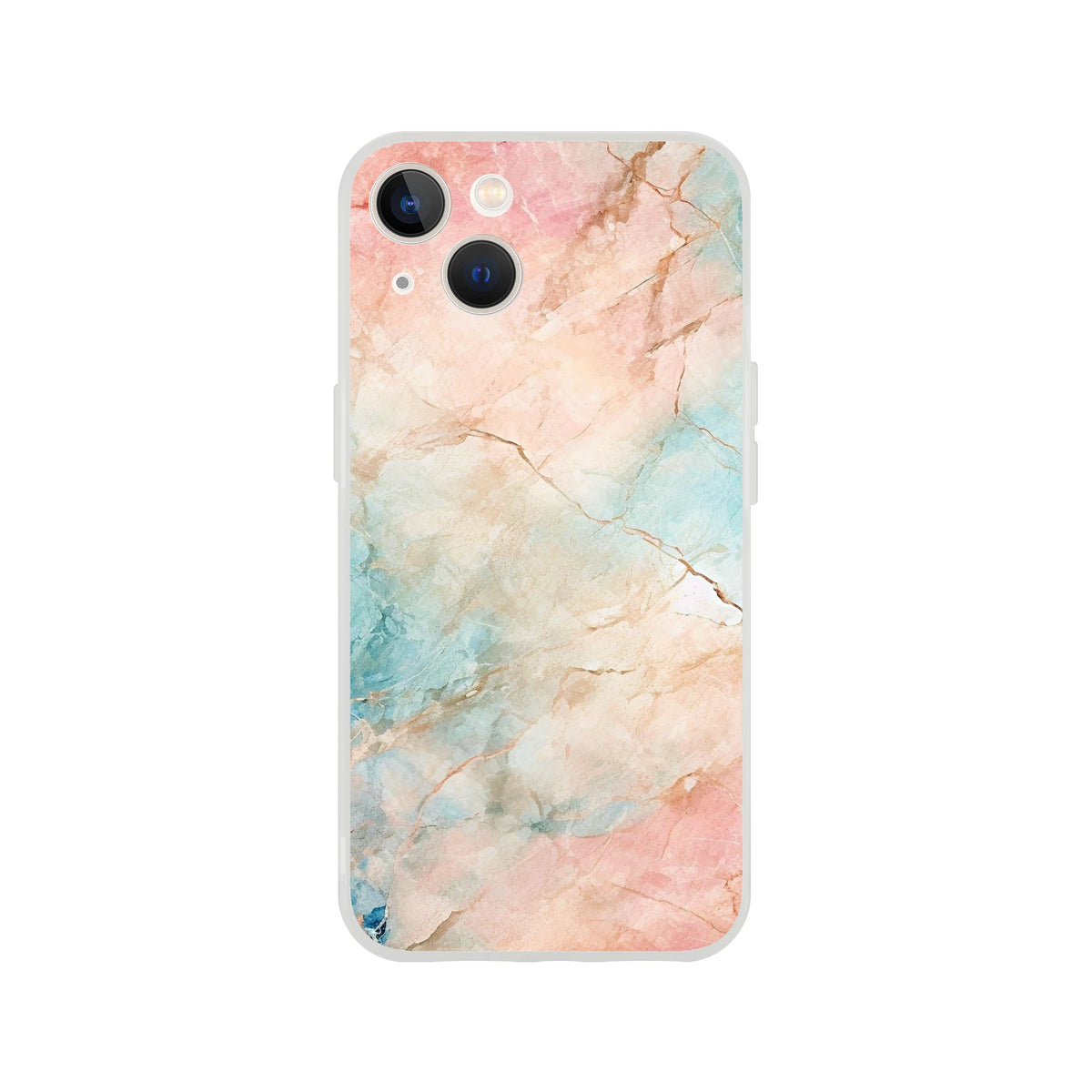 Pastel marble iPhone case in peach and aqua for iPhone 13-16, abstract gallery-style cover.