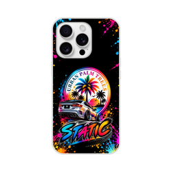 iPhone case featuring a slammed silver car, neon Urban Palm Trees sunset graphic, and colorful Static graffiti art with paint splatters.