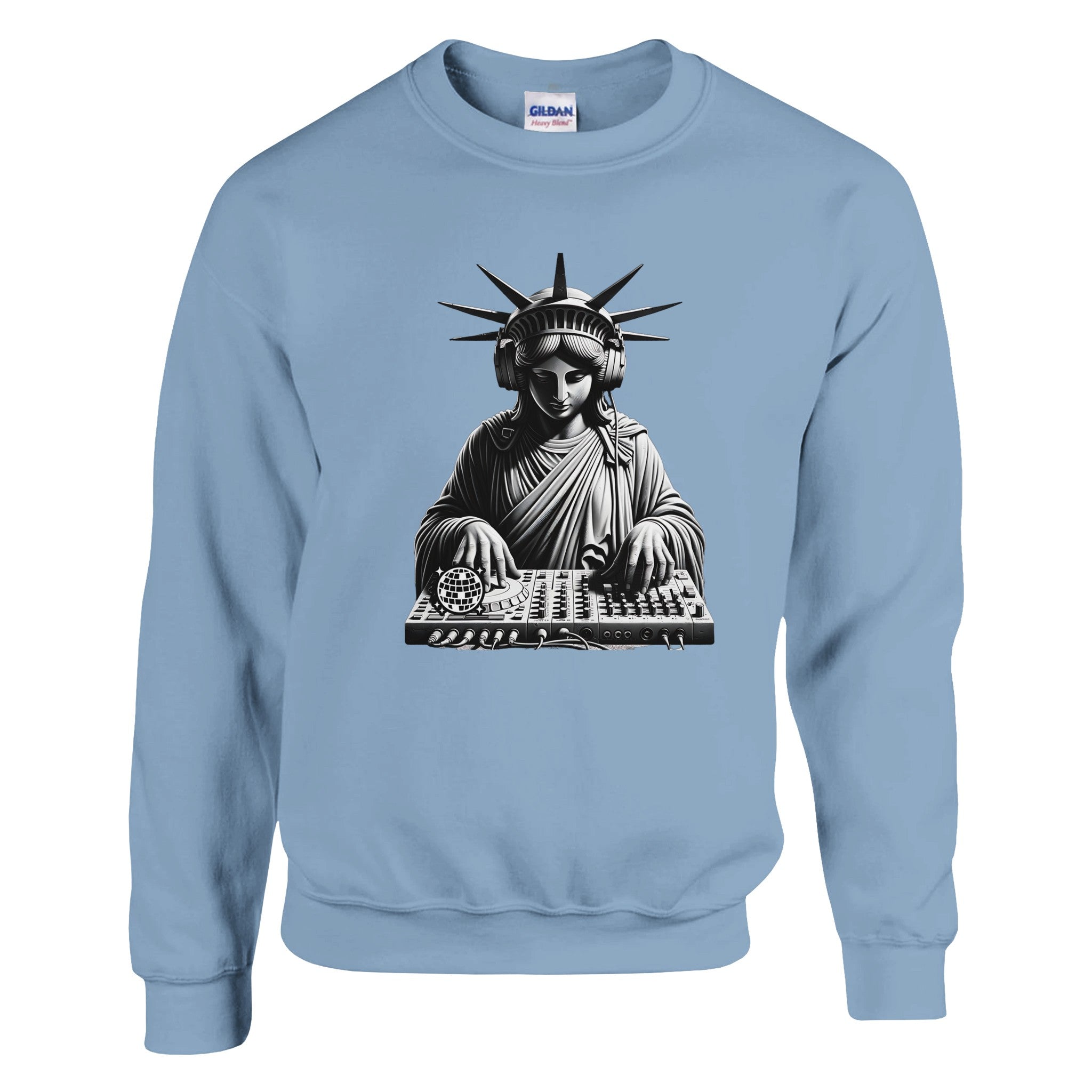 Statue of Liberty wearing headphones at a DJ mixer, graphic on a light blue sweatshirt