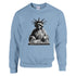 Statue of Liberty wearing headphones at a DJ mixer, graphic on a light blue sweatshirt