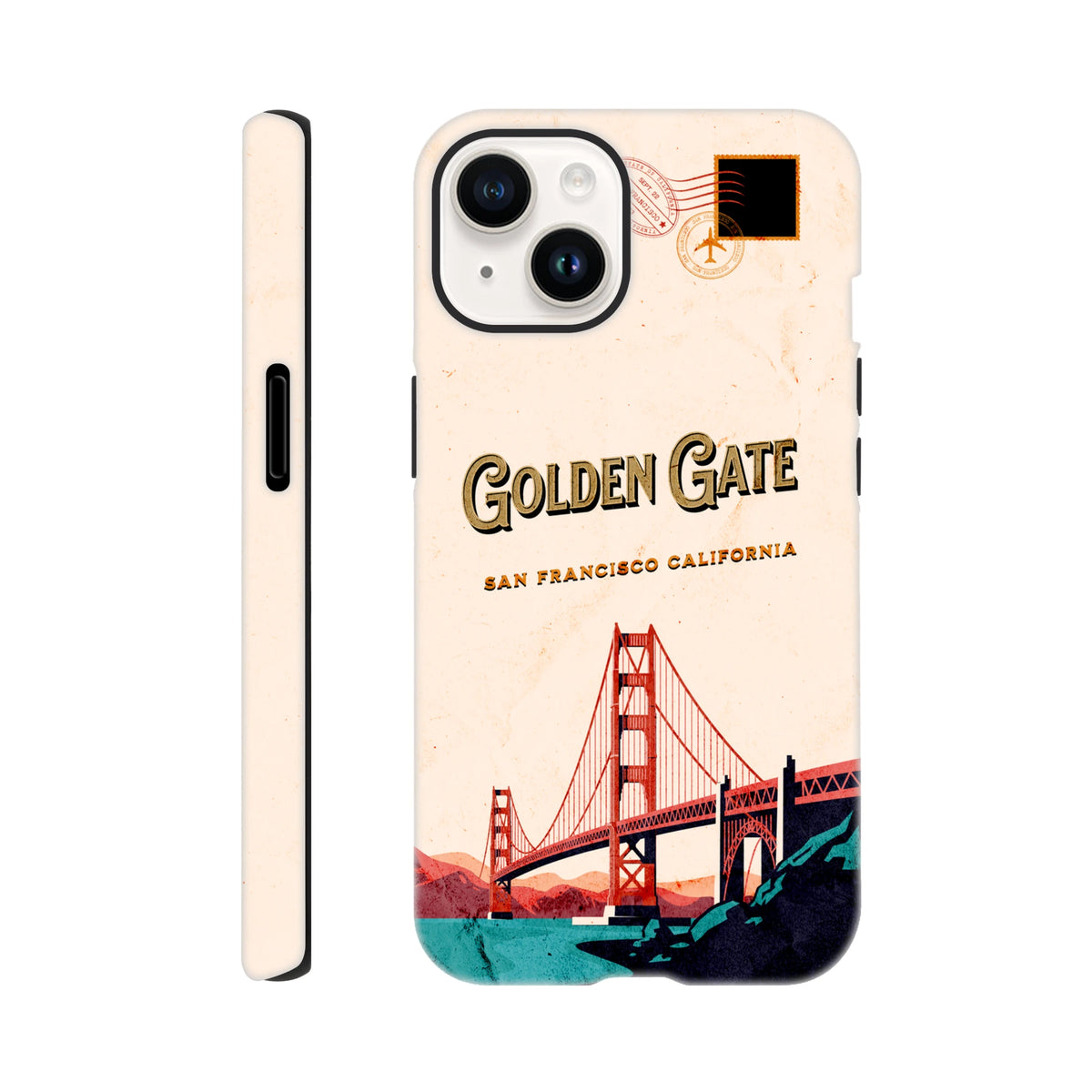 Vintage retro postcard iPhone case featuring Golden Gate Bridge illustration and "San Francisco California" text with travel stamp details.