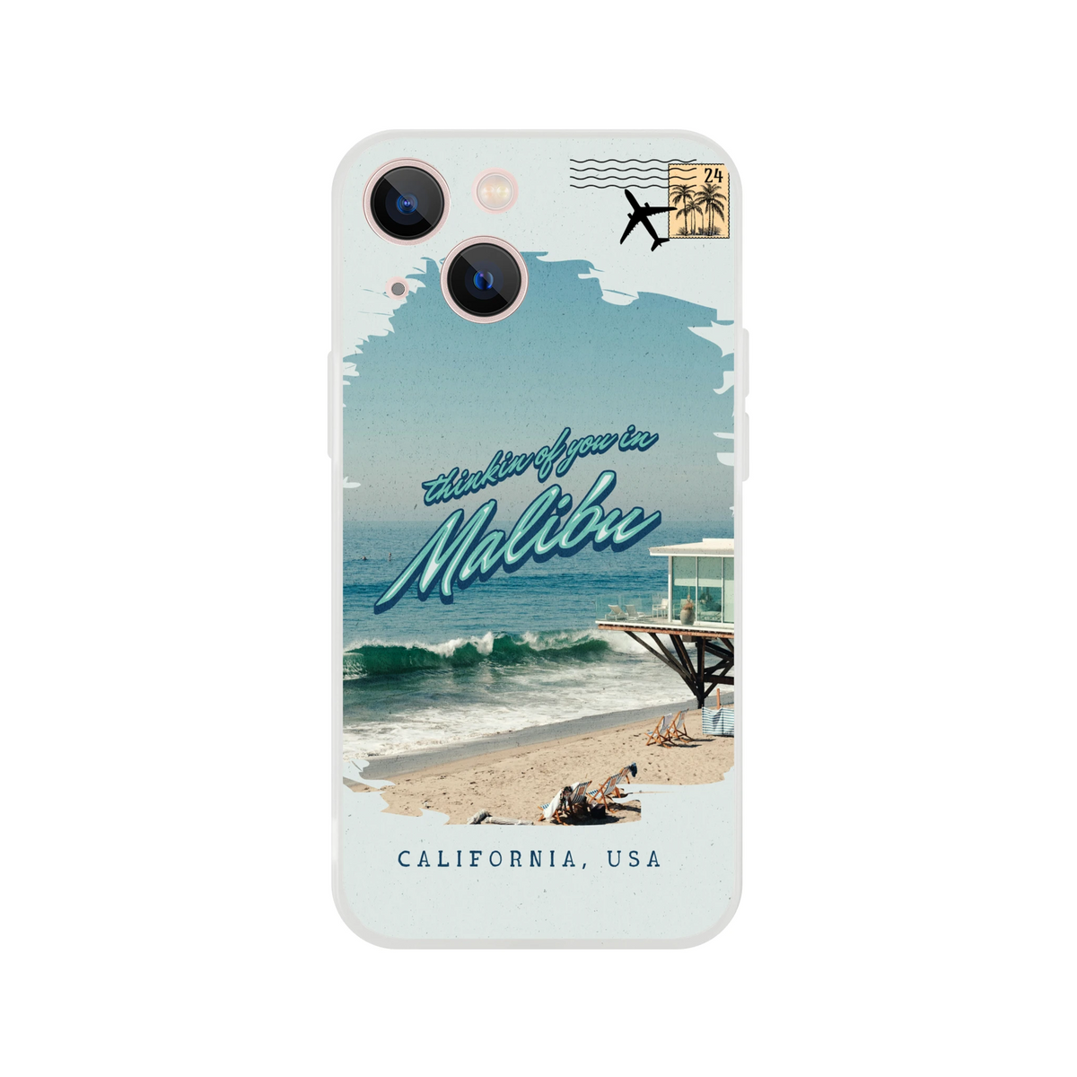 Vintage postcard Malibu Holiday iPhone case for iPhone 13–16 with palm trees, waves, and retro stamp.
