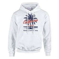 Palm Tree Women's Hoodie, white cotton-blend pullover with palm graphic and California script.