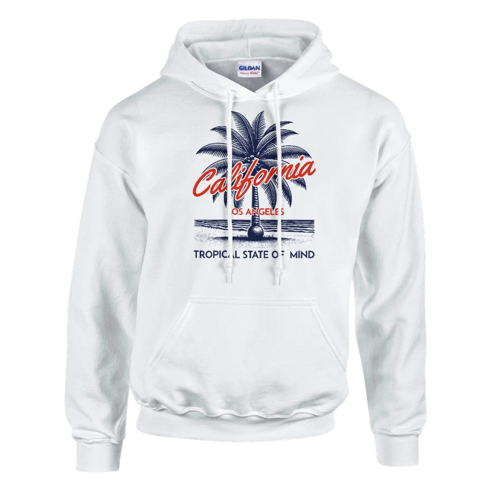 Palm Tree Women's Hoodie, white cotton-blend pullover with palm graphic and California script.