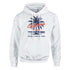 Palm Tree Women's Hoodie, white cotton-blend pullover with palm graphic and California script.