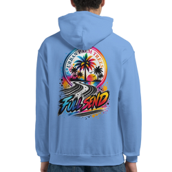Light blue Full Send car hoodie for men featuring retro palm tree graphic with tire tracks for petrolhead streetwear style.