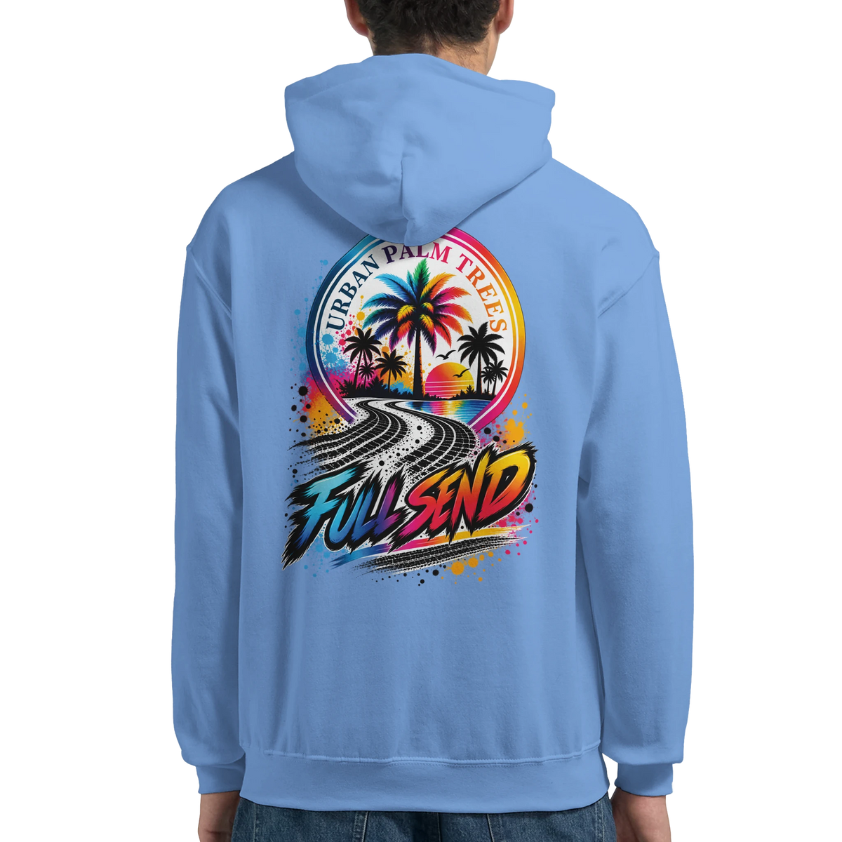 Light blue Full Send car hoodie for men featuring retro palm tree graphic with tire tracks for petrolhead streetwear style.