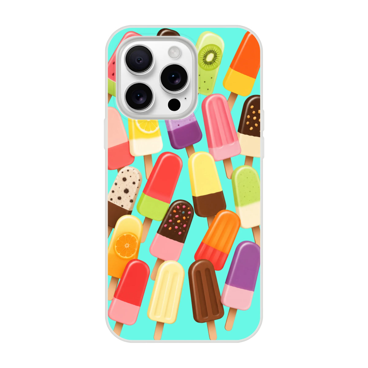 Colorful retro popsicle iPhone case featuring assorted ice lollies on a turquoise background with impact-ready TPU defense.