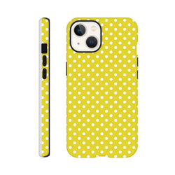 Yellow and white polka dot tough iPhone case with dual-layer TPU protection and precise button access for models 13-16.