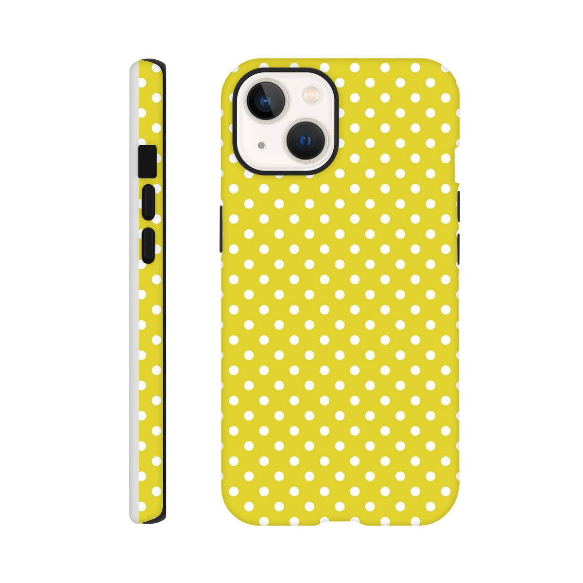 Yellow and white polka dot tough iPhone case with dual-layer TPU protection and precise button access for models 13-16.